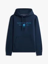 Buzo con capucha y cordón ajustable Tommy Hilfiger, color azul marino, con bolsillo tipo canguro y logo impreso en el pecho en tono celeste.