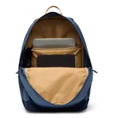 Mochila urbana Columbia de 30 litros, color azul oscuro con detalles en beige. Cuenta con dos compartimentos principales, funda acolchada para laptop, bolsillos laterales para botellas y base plana reforzada.