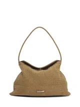 Cartera tipo hobo de Hush Puppies color caramelo, con diseño trenzado imitación cuero, asa de hombro delgada trenzada y placa metálica con el logo de la marca en el frente.