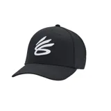Gorra deportiva Under Armour de la línea Curry, color negro, con diseño estructurado de visera curva y logotipo bordado en relieve en color blanco en el panel frontal.