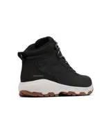Bota de senderismo Columbia modelo Newton Wander Ltr, color negro con detalles en blanco y suela color caramelo. Fabricada en cuero impermeable con tecnología Omni-Tech y sistema de amortiguación Omni-MAX.