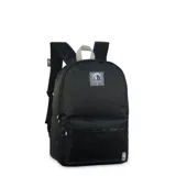 Mochila negra de diseño deportivo con el logo de los Dallas Mavericks en la parte frontal. Cuenta con un compartimento principal amplio, un bolsillo frontal con cierre, correas ajustables acolchadas y un asa superior en color gris claro. Incluye detalles de la marca NBA en los cierres y en la parte inferior.