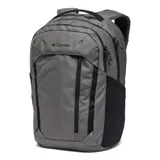 Mochila Columbia de 26 litros, color gris con detalles en negro. Cuenta con dos compartimentos principales, funda acolchada para laptop de hasta 15 pulgadas, funda para tablet, bolsillos laterales para botellas de agua y correas de hombro acolchadas.