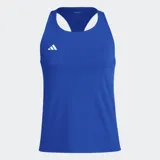 Musculosa deportiva Adidas Adizero Essentials, color azul vibrante, con espalda tipo nadador (racer-back) y logo de las tres barras en blanco en el pecho.
