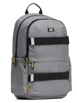 Mochila gris Caterpillar modelo Melbourne Urban Back, con dos compartimentos principales con cierre, correas frontales para sujetar objetos y detalles en negro y amarillo.