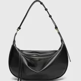 Cartera tipo hobo de cuero sintético negro, de diseño curvo con cierre frontal con cremallera y tiras colgantes. Posee una correa ajustable para el hombro.