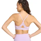 Top deportivo Adidas de entrenamiento, color lila, con diseño de espalda cruzada, logo de la marca estampado en el frente y detalle de panel de malla en la parte inferior central.