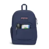 Mochila Jansport azul marino con un compartimento principal, bolsillo frontal con cierre, bolsillo lateral para botella de agua y sobre interno acolchado para laptop de 15 pulgadas.