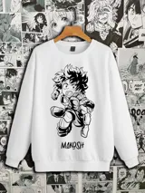 Buzo blanco de cuello redondo con ilustración de Midoriya Izuku del anime Boku no Hero Academia y la palabra "MAKOSH" debajo.