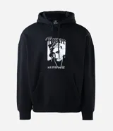 Hoodie negro de corte holgado con capucha y bolsillo frontal tipo canguro. Presenta una estampa fotográfica de Tupac Shakur en el pecho con el texto 'Tupac' y 'All Eyez On Me'.
