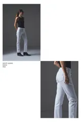 Pantalón de jean blanco de corte recto, tiro medio y diseño clásico con bolsillos traseros.