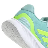 Championes de running Adidas Runfalcon 5, color verde agua con detalles en amarillo limón y suela blanca con tecnología Cloudfoam.