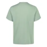 Remera de manga corta color verde claro, de corte holgado, con cuello redondo y un bolsillo aplicado en el pecho izquierdo.