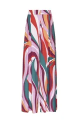 Pantalón ancho estampado de crepe, con pliegues, bolsillos laterales, bragueta con cremallera y forro interior, con diseño de ondas en tonos rosa, rojo, verde y naranja.