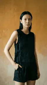 Blusa sin mangas color negro, confeccionada en lino, con cuello redondo y lazos en los hombros y en la cintura.