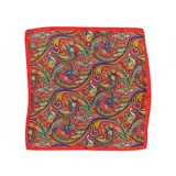 Bandana cuadrada de satén con estampado de arabescos en tonos azul, naranja y blanco.