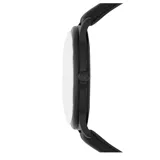 Reloj Emporio Armani Minimalist con caja de acero inoxidable negra de 42mm de diámetro, esfera negra minimalista con agujas e indicadores plateados, cristal mineral y correa de cuero negra. Resistente al agua hasta 50 metros.