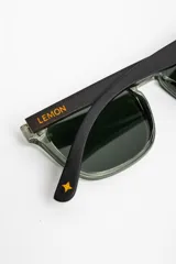 Lentes de sol polarizados con armazón transparente y patillas de madera, con cristales oscuros.