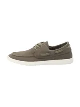 Zapatillas de lona para hombre estilo náutico, color verde militar, con cordones y suela blanca de goma.