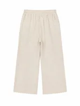 Pantalón estilo palazzo de color negro, de corte ancho y relajado, con cintura elástica fruncida y cordón ajustable delantero.