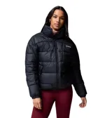 Campera puffer Columbia modelo Pike Lake, color negro, con tecnología termorreflectante Omni-Heat y tejido repelente Omni-Shield. Cuenta con cierre frontal bidireccional, cuello alto con protección de barbilla, bolsillos laterales con cierre, bolsillo interior de seguridad, puños elásticos y dobladillo ajustable con cordón.