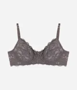 Soutien gris de encaje floral, sin copa y con aro. Breteles finos ajustables y cierre trasero.