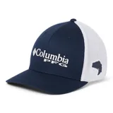 Gorra de béisbol con visera curva, frente en color azul marino y paneles traseros de malla blanca. Presenta el logo de Columbia PFG bordado en el frente y un parche de pez en el lateral.