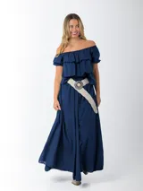 Falda larga azul marino de algodón italiano, con cintura elástica y cinto de rafia elastizado incluido.