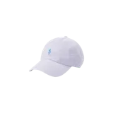 Gorro con visera Polo Ralph Lauren de color lila claro, con el logo del jugador de polo bordado en tono celeste en el frente.