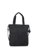 Cartera tipo tote bag Hush Puppies modelo Denver, color negro, de diseño estructurado con doble asa superior y bolsillos frontales externos. Cuenta con aplique metálico de la marca y llavero colgante decorativo.
