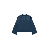 Buzo de cuello redondo Eme Studios, color azul marino, con diseño de hombros caídos y mangas largas amplias. Presenta estampado tonal con la inscripción 'Eme Studios' en la parte trasera y mangas.