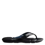 Sandalias tipo ojotas Havaianas modelo Power 2.0, color negro con detalles en rojo. Presentan una suela con textura antideslizante y tiras anchas con diseño geométrico y logo de la marca en relieve.