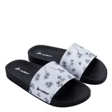 Sandalias de mujer Rider modelo Full 86, color negro con faja ancha blanca con estampado de flores grises y negras, y logo de la marca impreso.