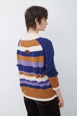 Polera de tejido de punto con diseño de rayas horizontales en tonos beige, marrón, gris y negro. Presenta cuello redondo y mangas largas con puños en contraste.