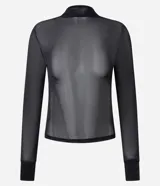 Blusa de manga larga confeccionada en tejido de punto con tule transparente y sutiles destellos de brillo. Presenta un diseño ajustado al cuerpo con cuello alto y puños reforzados.