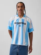 Camiseta de fútbol estilo retro de la selección argentina, con diseño de rayas verticales blancas y celestes. Presenta cuello polo, mangas cortas y el texto 'Argentina' estampado en el pecho junto a una pequeña bandera nacional. Incluye etiqueta oficial de FIFA Classics en el ruedo.