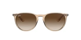 Lentes de sol Ray-Ban modelo Erika, con montura redonda color beige y lentes marrones degradadas.