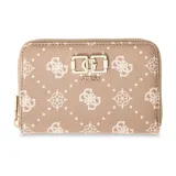 Billetera compacta Guess modelo Emelie, color marrón con estampado de logo y monograma en blanco. Presenta cierre perimetral, herrajes metálicos dorados y placa frontal con logo de la marca.