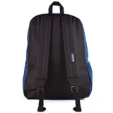 Mochila Jansport modelo Cross Town color azul marino, con logo de la marca en el frente, bolsillo frontal con cierre y organizador interno, bolsillo lateral de malla y correas acolchadas.