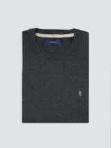 Buzo gris oscuro de algodón liviano, con cuello redondo y logo bordado en el pecho.
