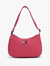 Cartera de hombro tipo baguette de Tommy Jeans, color rojo, con correa ajustable de tejido trenzado con logo grabado. Presenta cierre de cremallera y parche distintivo de la marca en la parte frontal.