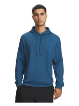 Buzo con capucha Under Armour de tejido de doble punto, color azul petróleo. Presenta un diseño liso con bolsillo frontal tipo canguro, capucha ajustable con cordones y logo de la marca en relieve en el pecho.