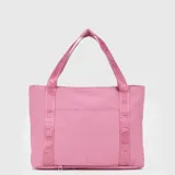 Bolso tipo tote de gran capacidad, color rosado, con diseño funcional y deportivo. Cuenta con doble asa de mano y una correa larga ajustable con el logo de la marca estampado. Incluye compartimento interno para laptop y bolsillo trasero adaptable para maletas.