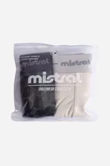 Pack de dos bóxers Mistral, uno liso en color marrón y otro con estampado abstracto en tonos azul y gris. Ambos cuentan con cintura elástica con el logo de la marca.