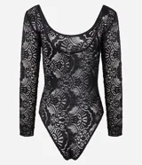 Body de encaje floral negro con escote redondo y mangas largas.