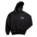 Canguro negro con capucha y bolsillo frontal tipo canguro. Presenta un pequeño estampado en el pecho de un cassette y una etiqueta pequeña en el ruedo inferior.