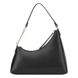 Cartera de hombro Guess modelo Eileen, color negro, con diseño asimétrico, cierre superior y detalle de cadena metálica en uno de los laterales. Incluye logo triangular de la marca en la parte frontal.