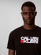 Remera de algodón negro Calvin Klein, de manga corta, con cuello redondo y estampado gráfico frontal con logotipo en blanco y rojo.