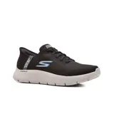 Championes deportivos Skechers Go Walk Flex Hands Up, color negro, con cordones elásticos y logo "S" en el lateral. Cuentan con plantilla Skechers Air-Cooled Memory Foam, media suela Ultra Go y tecnología Slip-ins para calzar sin usar las manos.