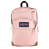 Mochila Jansport Cool Student color rosa con base y detalles en marrón. Tiene dos compartimentos principales, funda interna para laptop de 15 pulgadas, bolsillo lateral para botella, bolsillo frontal con organizador y clip para llaves, panel trasero acolchado, correas ergonómicas y asa superior.